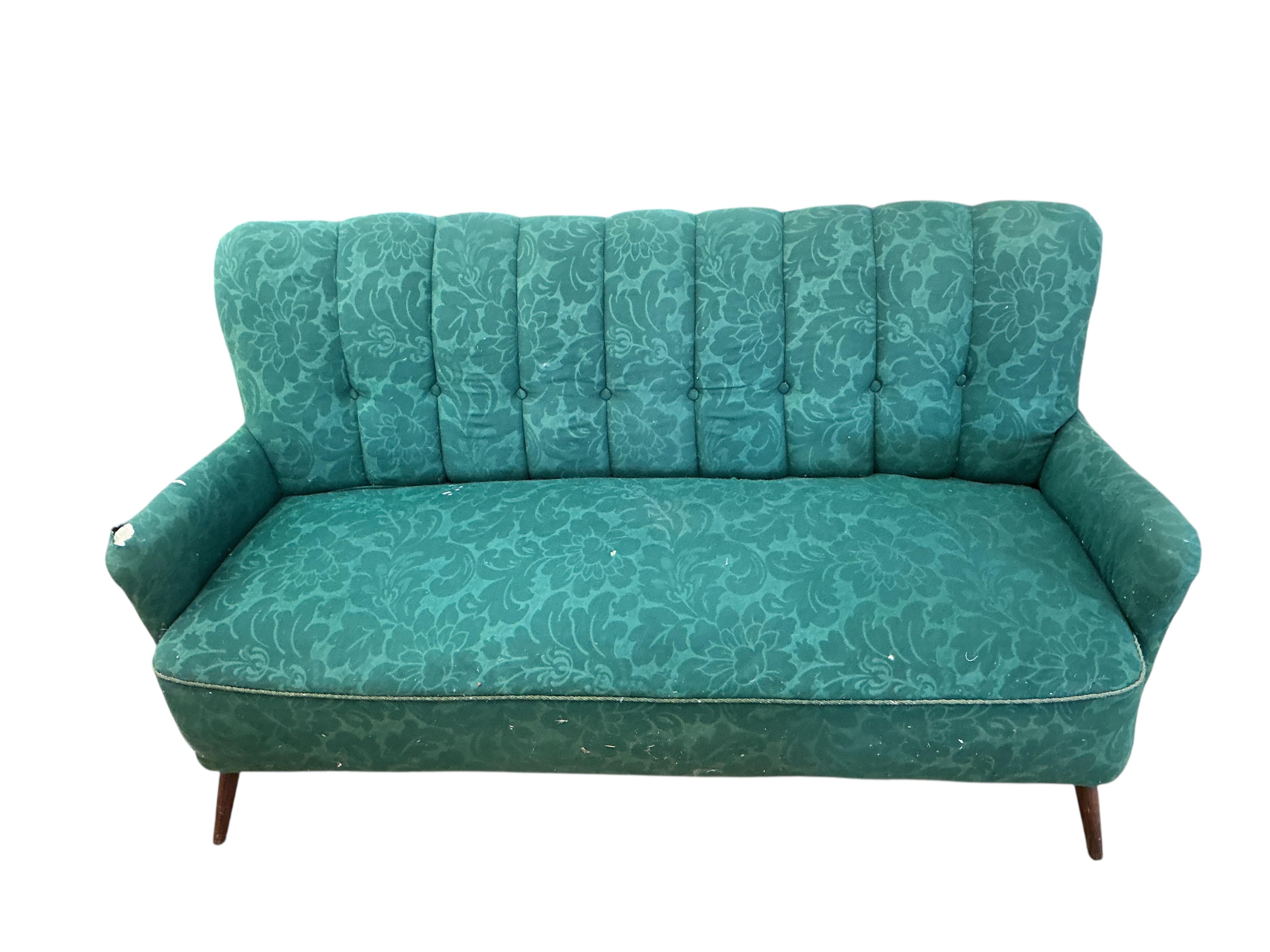 A mid century upholstered settee, width 150cm, depth 70cm, height 80cm